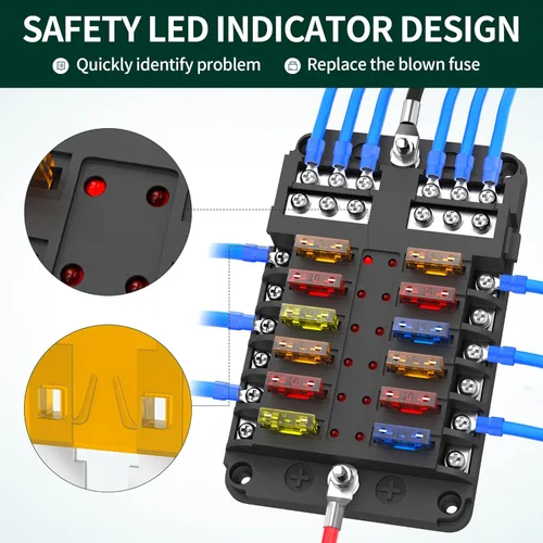 Miniatura 3 de DaierTek Bloque de fusibles de 12 vías, bloque de fusibles de hoja de 12 voltios con indicador LED, caja de fusibles de 12 circuitos 12V, panel