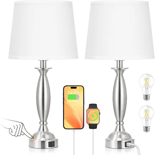 Juego de 2 lámparas blancas para dormitorio, lámpara de noche de control táctil con USB C+A, lámparas de mesita de noche regulables de 3 vías con