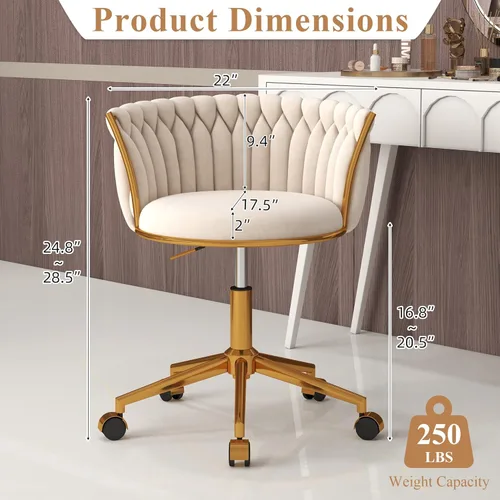 Miniatura 2 de ABET - Silla de tocador con ruedas, pequeña silla de oficina de terciopelo, taburete de maquillaje semi-circular tejido a mano para mujeres