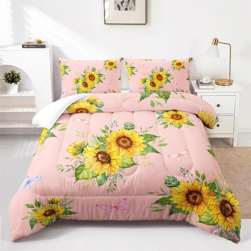 Miniatura 2 de Nttopship Juego de edredón rosa con girasol, tamaño completo para mujeres adultas, juego de ropa de cama floral de mariposa de 3 piezas, edredones