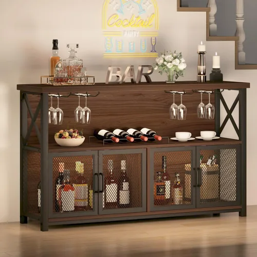 LVB - Gabinete de café de nogal, gabinete industrial de barra de vino para licores y vasos, gabinete de buffet de madera y metal para bebidas