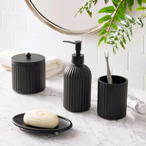 Miniatura 3 de Juego de 4 accesorios de baño de vidrio pesado con patrón decorativo prensado, incluye dispensador de jabón de mano, vaso, jabonera y soporte