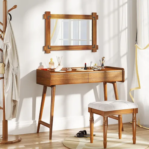 Miniatura 9 de Tangkula Espejo con marco de madera, 30 x 20 pulgadas, espejo de pared inastillable con marco de madera de acacia y diseño de remaches vintage