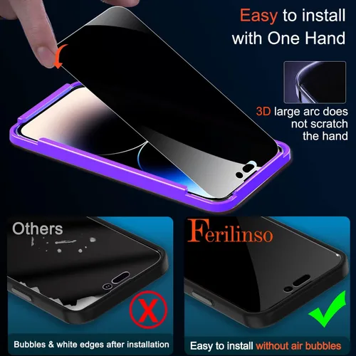 Miniatura 6 de Ferilinso Paquete de 3 protectores de pantalla de privacidad para Apple iPhone 14 Pro, accesorios de vidrio templado, pantalla de privacidad