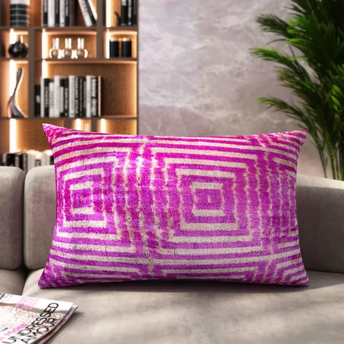 Cojín decorativo hecho a mano con funda de cojín rellena, patrón de laberinto rosa, funda de cojín lumbar de seda de terciopelo suave para sala de