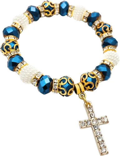 Miniatura 2 de Pulsera elástica ajustable con cuentas de cristal azul profundo y cruz cristalizada católica