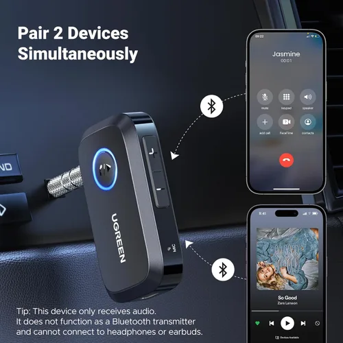 Miniatura 5 de UGREEN Adaptador Bluetooth 5.4 para automóvil, llamadas manos libres y cancelación de ruido, adaptador AUX a Bluetooth para automóvil, receptor