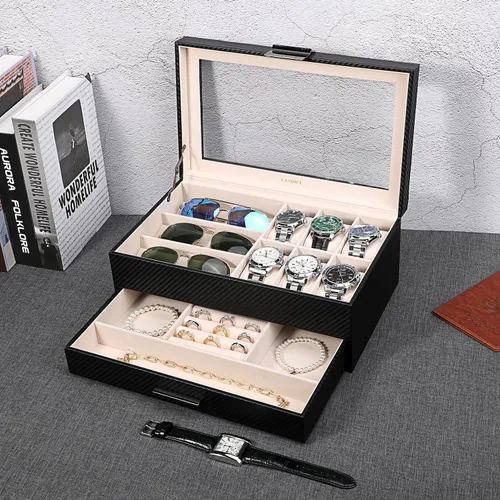 Miniatura 6 de LANDICI Caja de reloj para hombres y mujeres, 2 capas de piel sintética, organizador de relojes, caja de almacenamiento grande, organizador