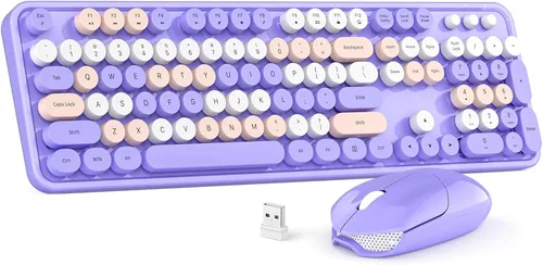 Miniatura 11 de MOWUX - Combo de teclado y mouse inalámbricos, máquina de escribir de tamaño completo, retro, redondo, lindo mouse óptico inalámbrico, Plug and Azul