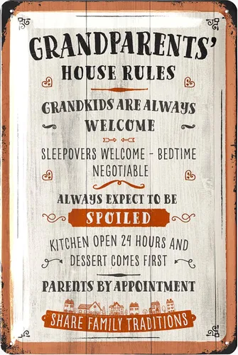 LANOLU Reglas de la Casa de los Abuelos, Letrero Vintage de Estaño en Diseño de Madera para Abuelo y Abuela, Bienvenidos Nietos, Decoración Familiar