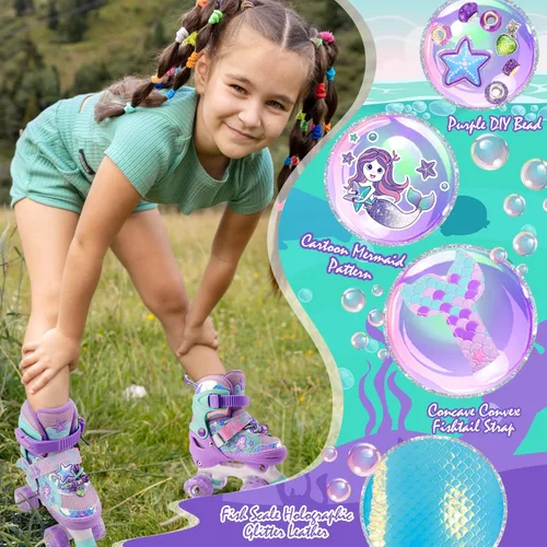 Miniatura 2 de Patines de Sirena para Niñas, MoSoulais 4 Tamaños Ajustables con Ruedas Iluminadas para Niños Pequeños, Patines para Mujeres Principiantes Púrpura
