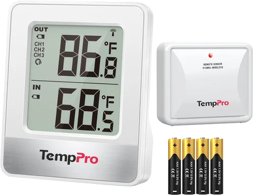 ThermoPro Termómetro inalámbrico para interiores y exteriores de 500 pies, termómetro de invernadero exterior con sensor de temperatura, termómetros