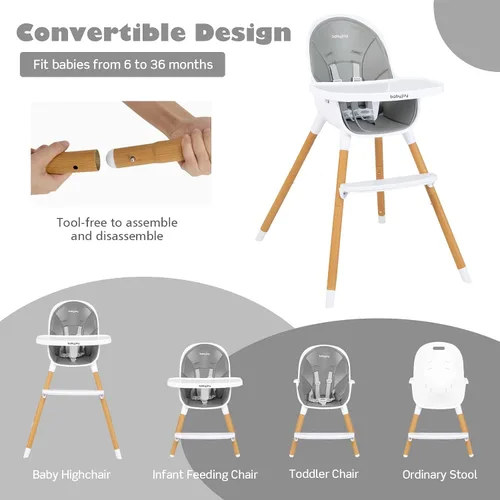 Miniatura 5 de BABY JOY Silla alta convertible para bebé, trona 3 en 1 con patas ajustables, bandeja apta para lavavajillas, cojín de poliuretano desmontable, Gris