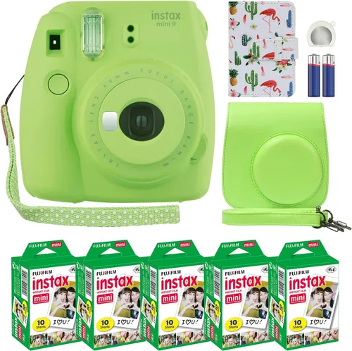 Fuji Instax Mini 9 Cámara Instantánea Verde Lima con Estuche Personalizado + Paquete de Valor de Película (50 Hojas) Álbum de Fotos con Diseño