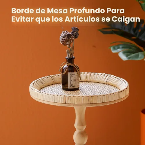 Miniatura 6 de Mesa auxiliar redonda de ratán pequeña para espacios pequeños, mesa auxiliar circular bohemia con patas de madera maciza para sala de estar, mesa