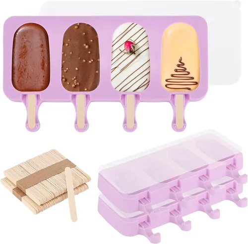 Miniatura 9 de Juego de 3 moldes para paletas con tapas y 100 palitos de paletas de madera, tamaño estándar, 4 cavidades, moldes de silicona para hacer cakesicles