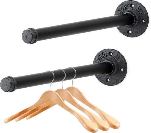 Miniatura 10 de Perchero flotante de tubo industrial negro de 6 pulgadas montado en la pared, estante de ropa resistente para colgar, barra de colgar multiuso