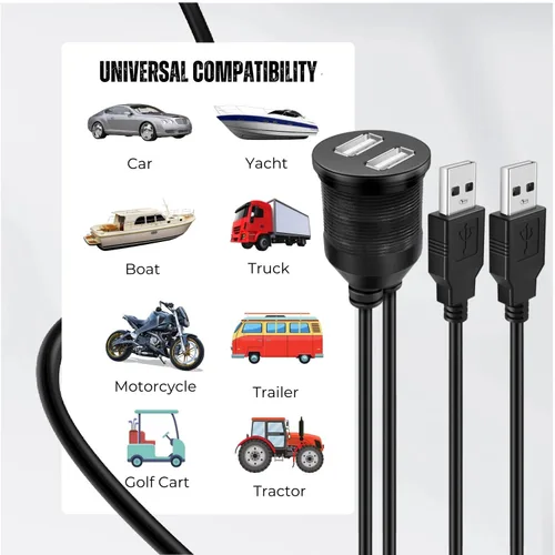 Miniatura 2 de TNP - Cable de montaje empotrado USB – Panel de salpicadero de 2 puertos, enchufe USB doble, conector de enchufe USB, cable de extensión impermeable