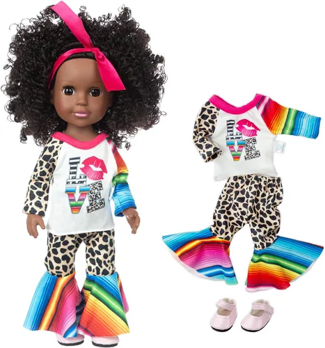 Miniatura 7 de XFEYUE Muñeca negra de 14.5 pulgadas y 2 juegos de accesorios de ropa, muñeca afroamericana para bebé, incluye gafas, cámara, bolsa y zapatos