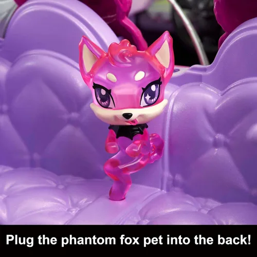 Miniatura 4 de Coche de juguete Monster High, vehículo Ghoul con accesorios para mascotas y enfriadores, convertible púrpura con detalles de telaraña
