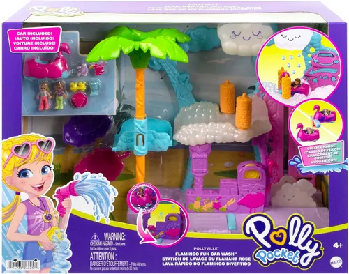 Miniatura 4 de Conjunto de juego Polly Pocket, Pollyville Flamingo Fun Car Wash con 2 muñecas micro, coche de juguete, juego de agua y accesorios que cambian
