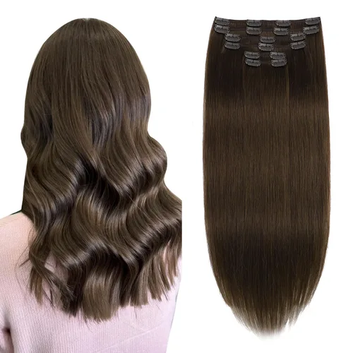 Miniatura 17 de XDhair Extensiones de cabello humano Remy con pinzas, color marrón medio #4, mezclado con rubio caramelo #27, 3.53 oz, 6