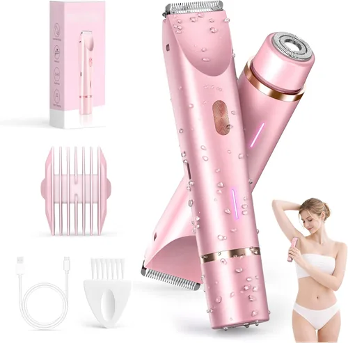 Recortadora de bikini para mujer, maquinilla de afeitar eléctrica 2 en 1 con doble cabeza, IPX7 impermeable para cabello púbico, piernas, axilas y