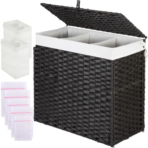 Miniatura 13 de Greenstell Cesta de ropa sucia con tapa, cesta grande de ropa de 125L con 3 secciones y bolsas de forro extraíbles de 2 secciones y 5 bolsas de Negro