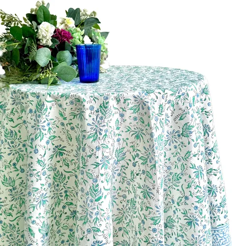 Miniatura 18 de ATOSII Mantel Redondo Bohemio Jade de Algodón 100%, Mantel de Lino con Estampado Floral de Bloques para Comedor, Fiestas, Bodas, Exteriores I