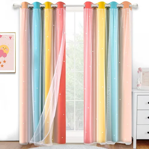 Miniatura 9 de Cortinas Opacas con Corte de Estrella Arcoíris para Dormitorio de Niñas - Doble Capa con Ojales Superiores para Sala de Estar, 2 Paneles