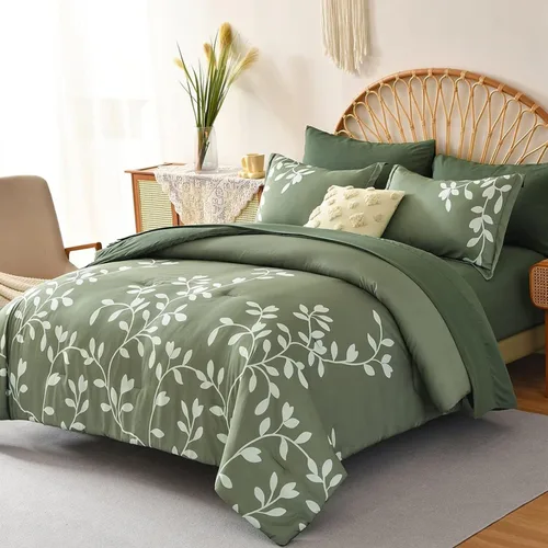 Juego de edredón tamaño King – Juego de edredón de 7 piezas con estampado botánico floral en verde con sábanas, juego de ropa de cama de microfibra