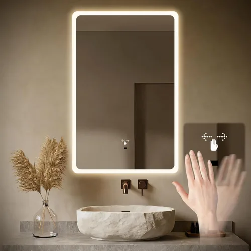 WARM&LOVE Espejo de baño LED de 16 x 24 pulgadas, sensor de escaneo manual, espejo de baño antivaho con luces, atenuación continua, iluminación de 3