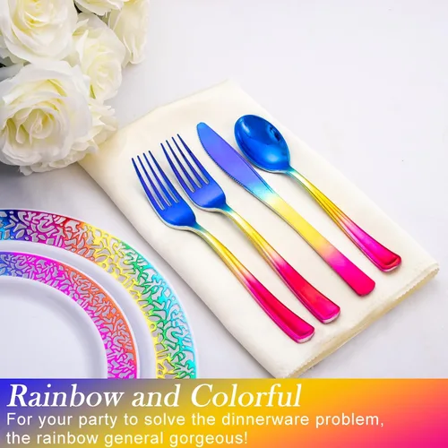 Miniatura 4 de Enjoylife - 120 cubiertos plásticos, cubiertos plásticos de arcoiris, dorado y azul (arcoiris)