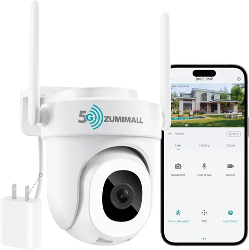 ZUMIMALL - Cámara de seguridad de 3 MP para exteriores - 360° PTZ con seguimiento automático | Grabación 24/7 con alimentación por cable, WiFi