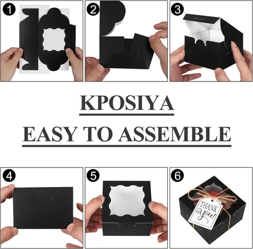 Miniatura 6 de KPOSIYA 60 cajas de panadería negras con ventana, cajas individuales de 4 x 4 x 2.5 pulgadas, caja de regalo de papel kraft negro para pasteles