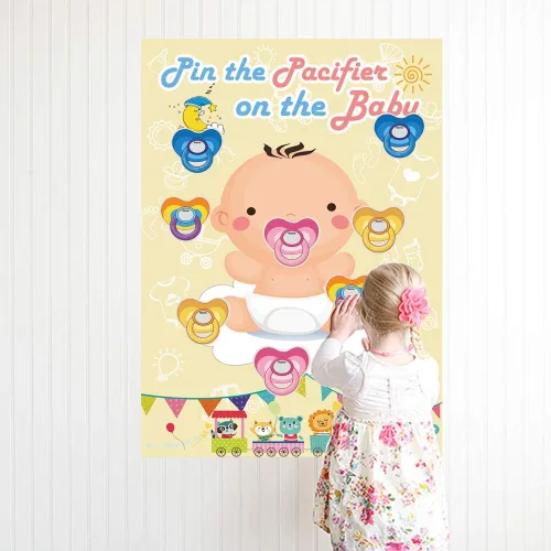 Miniatura 6 de Hxezoc Pin The Pacifier On The Baby Game - Póster grande para fiesta de baby shower, suministros de fiesta de cumpleaños para niños, 72 calcomanías
