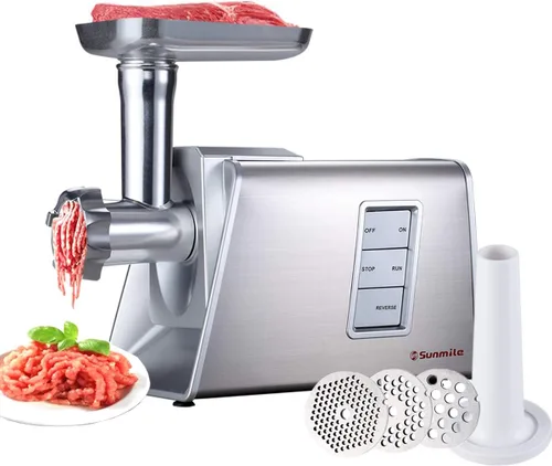 Sunmile SM-G73 - Picadora eléctrica de carne y embutidora de salchichas, 1000 W máx. con cuchilla de corte de acero inoxidable y 3 placas de corte y