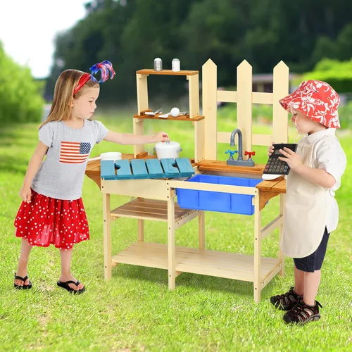 Miniatura 4 de Costzon Cocina de barro para niños al aire libre, cocina de madera con fregadero extraíble, grifo, estantes de almacenamiento, mesa de barro, juego