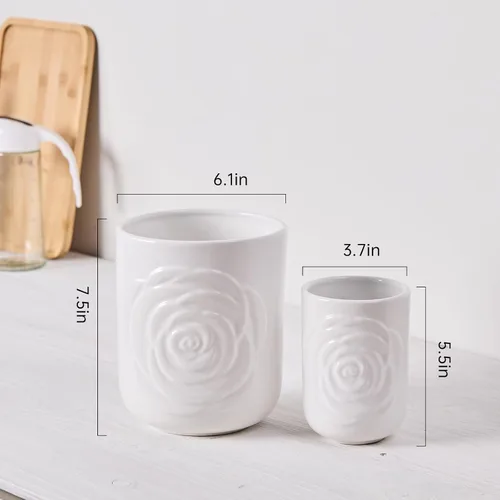 Miniatura 4 de Juego de 2 soportes grandes para utensilios, 7.5 pulgadas + 5.5 pulgadas, recipiente de cerámica para encimera de cocina para espátulas, cucharas