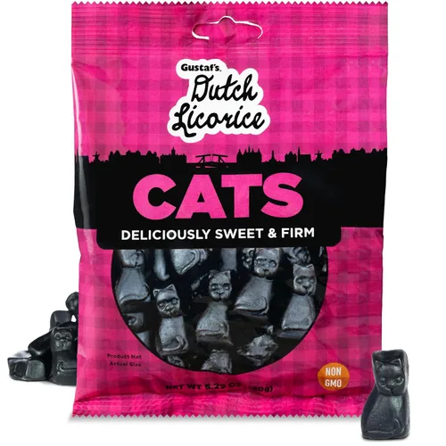 Gustaf's Gatos de regaliz holandés – Bolsa de 5.2 oz – Gatos de regaliz negro dulce – Dulces holandeses de Países Bajos – Golosinas de regaliz negro