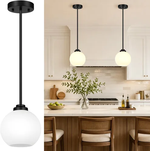 Miniatura 14 de Paquete de 2 luces colgantes de vidrio ajustable de 22 a 50 pulgadas de altura para isla de cocina, luces colgantes de globo dorado cepillado