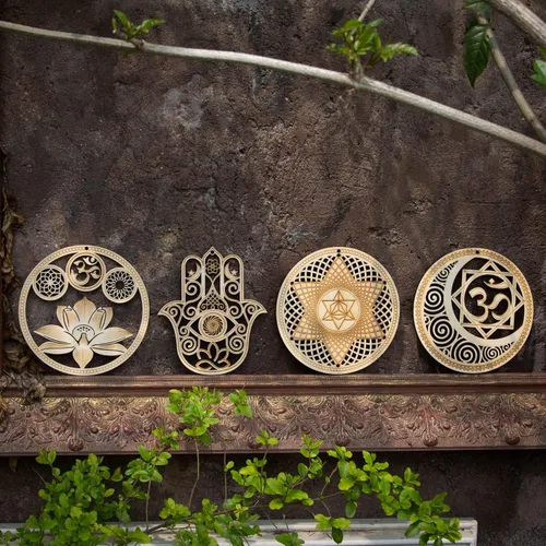 Miniatura 4 de Juego de 4 piezas de arte de pared de geometría sagrada de "5.31" pulgadas, (Loto Sagrado, Mano Hamsa, Estrella del Alma, Unión Sol Luna) rejilla
