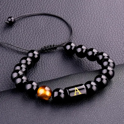 Miniatura 2 de SUMMER LOVE Regalos para el Día del Padre, pulsera con inicial de piedra de ónix negro de 0.394 pulgadas para hombres, pulsera de cuerda trenzada