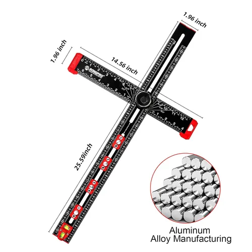 Miniatura 8 de Herramientas de medición T-cuadrado ajustables 4 en 1, regla de posicionamiento de perforación de aluminio de 24 pulgadas, plantilla de hardware