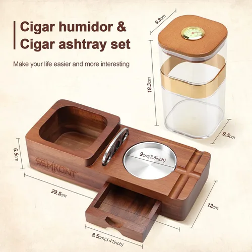 Miniatura 6 de Set de humidificador de puros y cenicero SEMKONT, bandeja de madera con frasco humidificador de acrílico, soporte para cortador, cajón, ranura