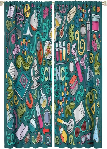 Miniatura 57 de Cortinas opacas para ventanas de ciencia para niños, lupa de libro de laboratorio de ciencia, lupa, frascos moleculares, cortinas impresas