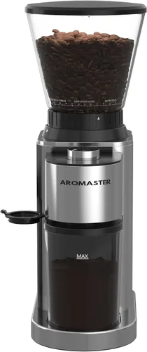 Aromaster Molinillo de café Burr con 48 ajustes de molienda, molinillo de frijoles de café cónico para uso doméstico, acero inoxidable, temporizador
