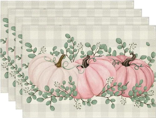 Miniatura 23 de Artoid Mode - Set de 2 manteles individuales de cuadros de búfalo con calabazas y hojas de eucalipto, manteles otoñales de 12x18 pulgadas para Azul