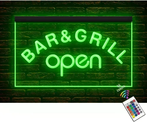 110023 Bar & Grill Open Cafe BBQ Restaurant Shop Shop Display LED Letrero de neón con luz LED (12 x 8 pulgadas, 16 colores por control remoto)