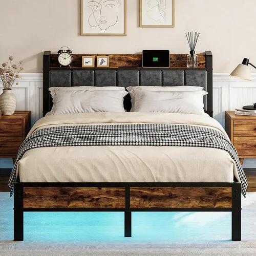Liians Base de cama LED de tamaño matrimonial con estación de carga y cabecera de almacenamiento, plataforma de metal, no necesita somier, fácil